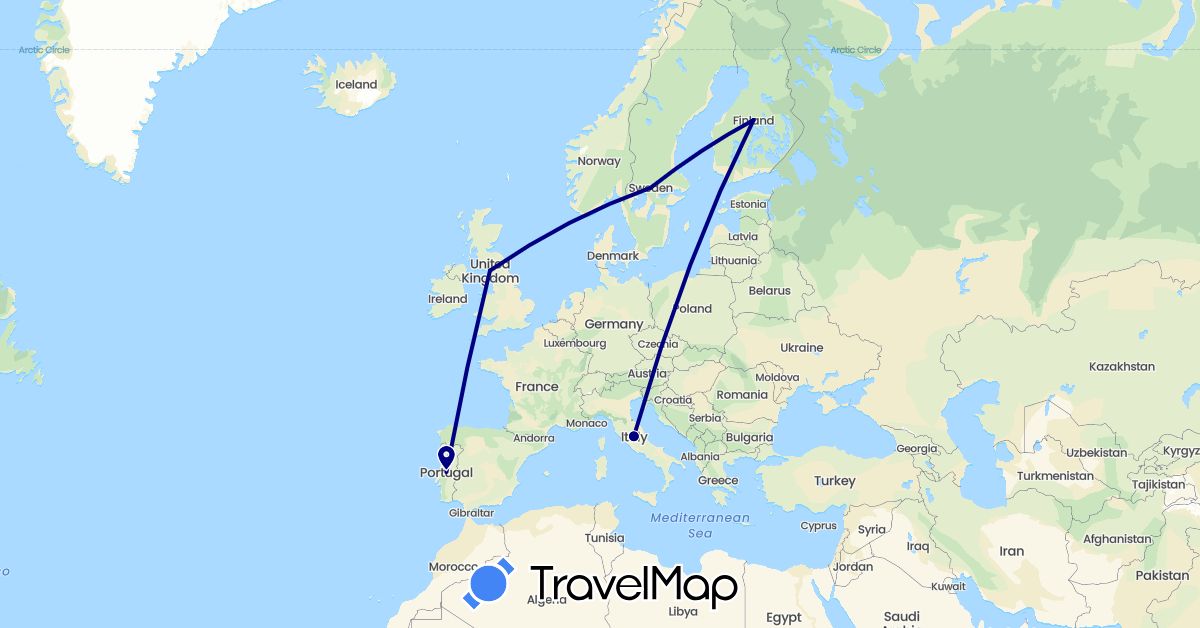 TravelMap itinerary: driving in Finland, United Kingdom, Portugal, Sweden (Europe)